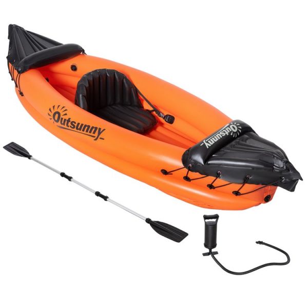 OUTSUNNY Canoé Kayak Gonflable 1 Personne – Gonfleur Et Rame En Aluminium Inclus – PVC Orange Noir 1